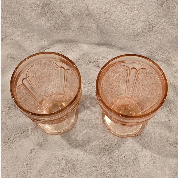 Vintage Jeannette Pink Cherry Blossom Tumblers 4.5" Scalloped Footed AOP Set of2 - Picture 2 of 4